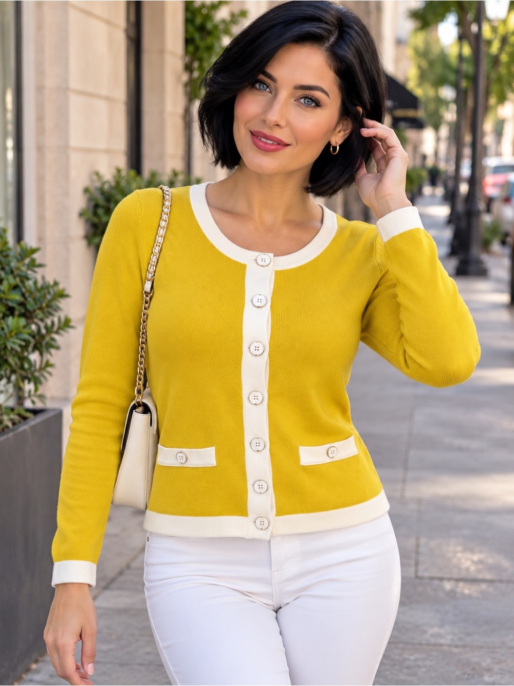 Banana Republic Bright Yellow Contrast-Trim Knit Cardigan Sweater Size M